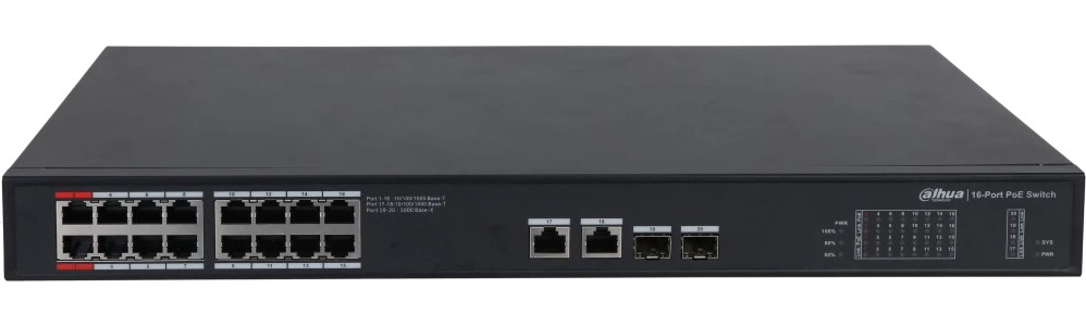 

Коммутатор неуправляемый Dahua DH-PFS3220-16GT-240 (L2) 18x1Гбит/с 2SFP 16PoE 240W, DH-PFS3220-16GT-240