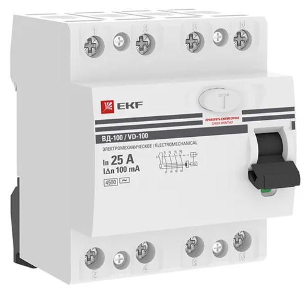 

УЗО EKF elcb-4-25-100-em-pro ВД-100 4P 25А 100мА тип АС электромеханический 4,5кА PROXIMA, elcb-4-25-100-em-pro