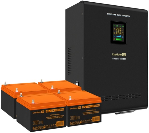 

Комплект Exegate FineSine SX-7000.LCD.AVR.2SH.T EX296678RUS ИБП EX296005RUS + батарея 26Aч EX285663RUS 4шт (инвертор, синус, для котла, настенный) 700, FineSine SX-7000.LCD.AVR.2SH.T