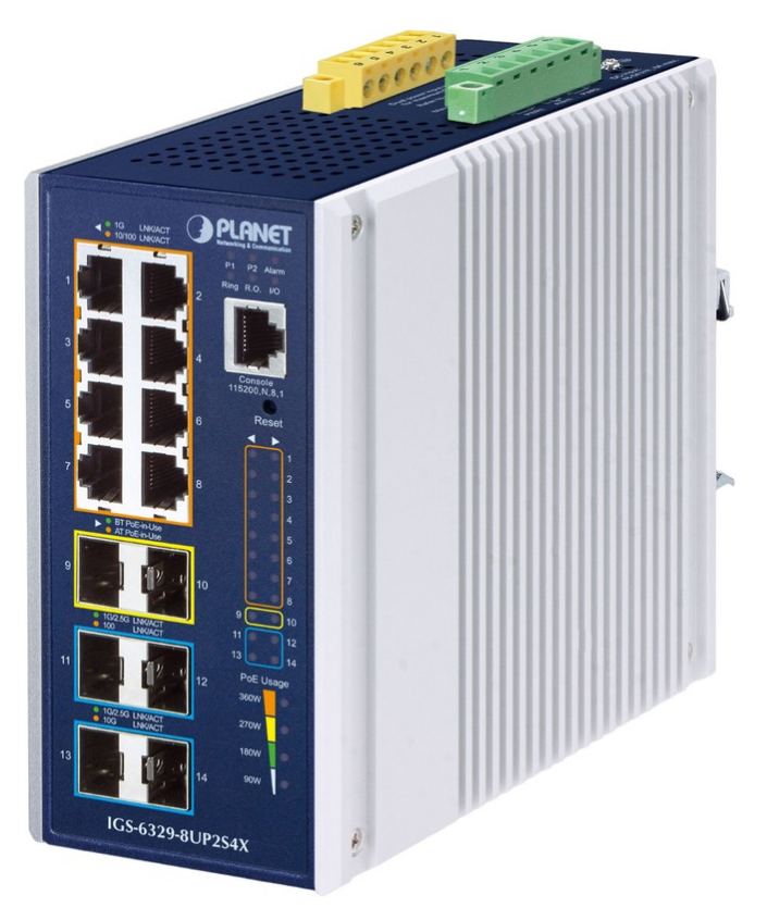 

Коммутатор Planet IGS-6329-8UP2S4X IP30 DIN-rail Industrial L3 8-Port 10/100/1000T 802.3bt PoE + 2-port 1G/2.5G SFP + 4-Port 10G SFP+ Full Managed Swi, IGS-6329-8UP2S4X