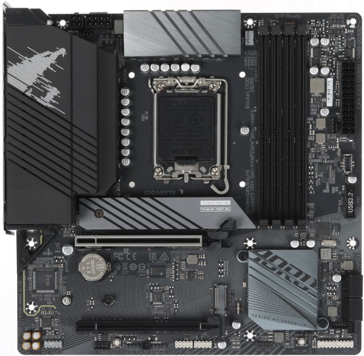 

Материнская плата mATX GIGABYTE B760M AORUS ELITE WIFI6E GEN5 (LGA1700, B760, 4*DDR5 (7800), 2*PCIe, 2*M.2, 4*SATA, WiFi, BT, 5*USB 3.2, 4*USB 2.0, HD, B760M AORUS ELITE WIFI6E GEN5