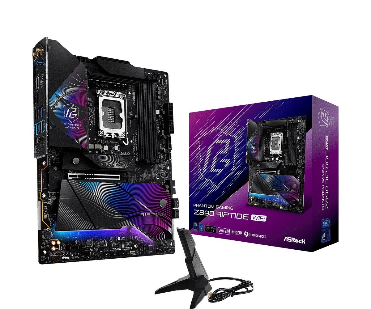 

Материнская плата ATX ASRock Z890 RIPTIDE WIFI (LGA1851, Z890, 4*DDR5 (9466), 2*PCIe, 5*M.2, 4*SATA, WiFi, BT, 6*USB 3.2, 2*USB Type-C, HDMI, 2*Thunde, Z890 RIPTIDE WIFI
