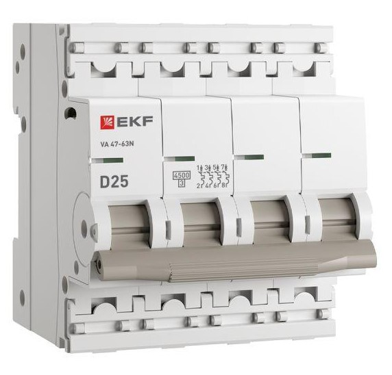 

Автоматический выключатель EKF M634425D 4P 25А (D) 4,5kA ВА 47-63N PROxima, M634425D