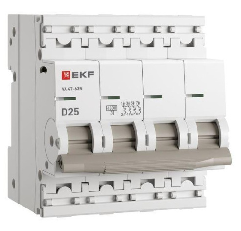 Изображение товара Автоматический выключатель EKF M634425D серия ВА 47-63N 25 А IP20 4 полюса
