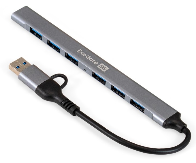 

Концентратор USB 3.0 Exegate DUB-761C3 EX299790RUS USB Type-A, Type-C to 6*USB 2.0, USB 3.0, Plug Play, серебристый, DUB-761C3