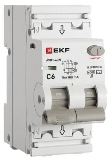 

Автомат дифференциальный EKF D63N26E6C100 АВДТ-63N 1P+N 6А (C) 100мА (AC) эл 6кА PROXIMA, D63N26E6C100