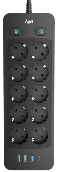 Изображение товара Сетевой фильтр AGNI TP-FO4U10E-C-2m-black с USB и защитами
