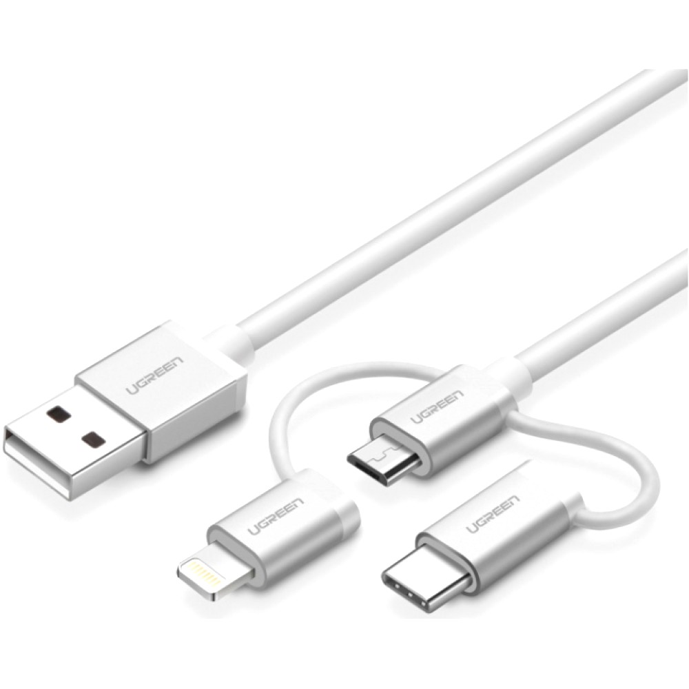 

Кабель интерфейсный UGREEN 50203_ 3-in-1, USB 2.0 A to micro USB+Lightning+Type C, в оплетке, 1,5 м, серебристый, 50203_
