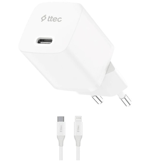 

Зарядное устройство сетевое TTEC SmartCharger 2SCG30LB GAN 30W USB-C PD с кабелем USB-C-Lightning. Длина кабеля: 150см. Цвет: белый, SmartCharger