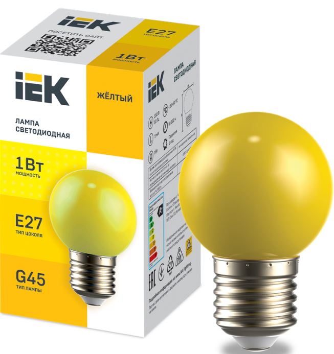

Лампа светодиодная IEK LLE-G45-1-230-Y-E27 декоративная G45 шар 1Вт 230В желтый E27, LLE-G45-1-230-Y-E27