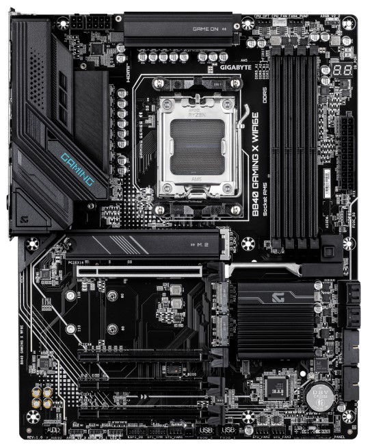 

Материнская плата ATX GIGABYTE B840 GAMING X WIFI6E (AM5, AMD B840, 4*DDR5 (7600), 4*PCIe, 3*M.2, 4*SATA, WiFi, BT, 4*USB 3.2, 4*USB 2.0, HDMI, DP), B840 GAMING X WIFI6E