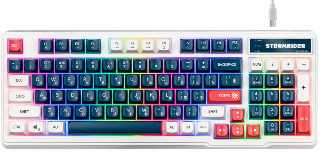 

Клавиатура Defender Stormrider GK-425 RU 45425 бел/син, 94кн+FN, радуж, 1.75м, Stormrider GK-425 RU