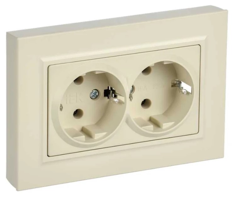 

Розетка двухместная с заземлением IEK BR-R27-16-K10-F BRITE без защитных шторок плоская 16А в сборе РСПл12-3-БрКр бежевый, BR-R27-16-K10-F