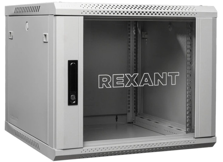 Шкаф настенный 19", 9U Rexant 04-0966-111 600×600х501, дверь сплошное стекло, серый, RAL 7035