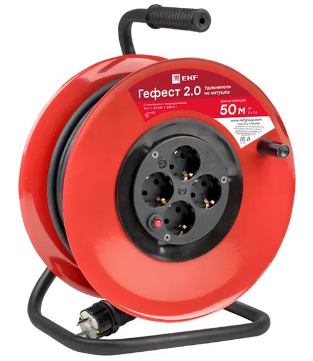 

Удлинитель на катушке EKF UKG02-16-R315-4-50 "Гефест 2.0" 4 гнезда 50м с заземлением и предохранителем КГ 3*1,5 16А/3,5кВт PROxima, UKG02-16-R315-4-50