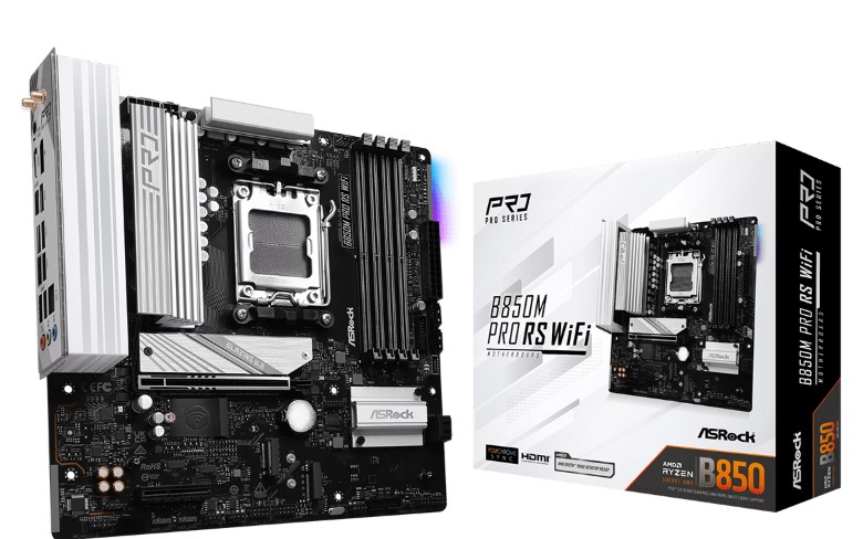 

Материнская плата mATX ASRock B850M PRO RS WIFI (AM5, AMD B850, 4*DDR5, 4*SATA, 3*M.2, WiFi, BT, 4*USB 2.0, 3*USB 3.2, Type-C, 2*PCIe, HDMI, DP), B850M PRO RS WIFI