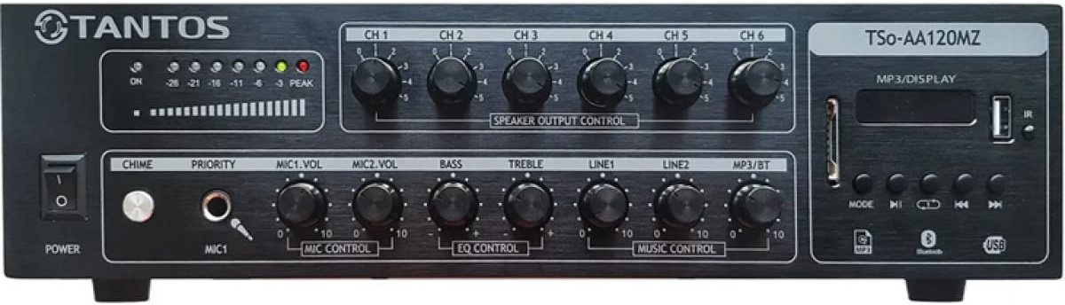 

Усилитель Tantos TSo-AA120MZ трансляционный 120 Вт, 6 зон, 100В, USB, SD, FM, Bluetooth, mp3, 2 микр./2 лин. входа (MIC1 - приоритет.), 1 линейный вых, TSo-AA120MZ
