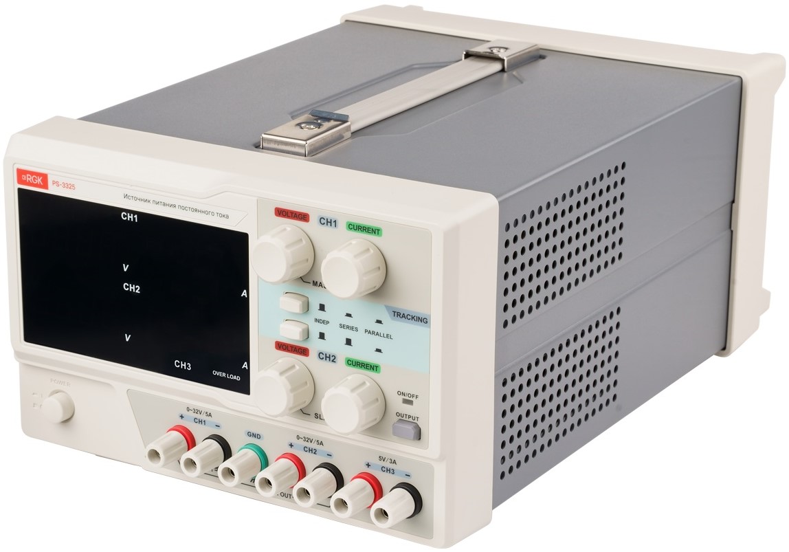 

Источник питания RGK PS-3325 трехканальный, 1 и 2 канал 0 до 32В/5А, 3 канал 5В/3А, работает от сети 110 В или 220 В, PS-3325