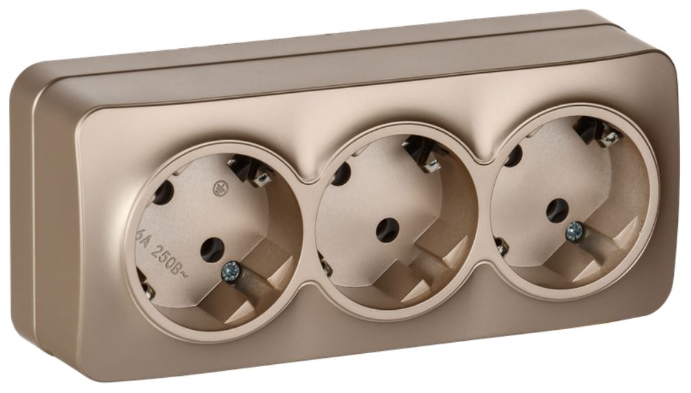 

Розетка с заземлением IEK ERH31-K37M-16 GLORY 3-местная для открытой установки без защитных шторок 16А РС23-3-ХШм шампань матовый, ERH31-K37M-16