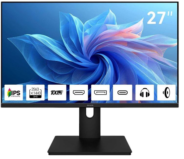 Монитор 27" AIWA MQ271A 2560x1440, 16:9, IPS, 300 cd/m, 1000:1, 4 ms, 178°/178°, 100Hz, HDMI, DP, Type C, Spk, Black