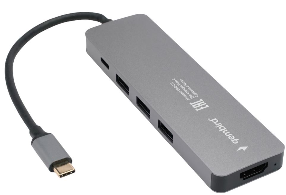 

Док-станция Gembird UHB-D1 Type-C 5в1: 3хUSB3.1, PD100W, HDMI, кабель 17см, алюминий, UHB-D1