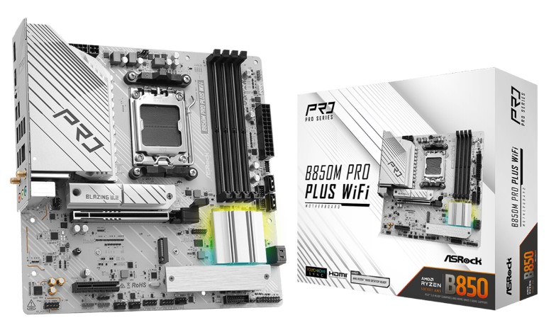 

Материнская плата mATX ASRock B850M PRO PLUS WIFI (AM5, AMD B850, 4*DDR5, PCIe, 3*M.2, 4*SATA, WiFi, BT, 4*USB 2.0, 2*USB 3.2, USB Type-C, HDMI, DP), B850M PRO PLUS WIFI