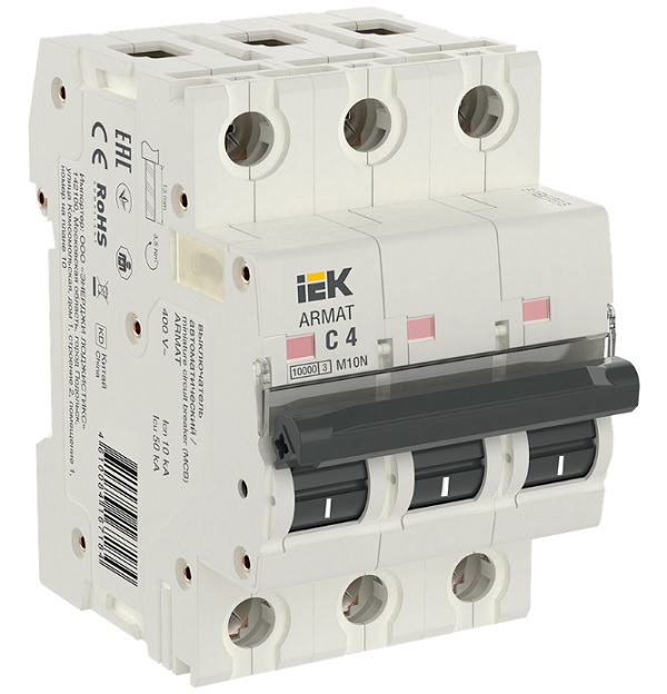 

Автоматический выключатель IEK AR-M10N-3-C004 ARMAT M10N 3P C 4А, AR-M10N-3-C004