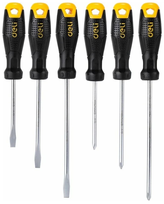 

Набор отверток Deli DL620006 6шт SL5x75 + SL5x100 + SL6x150 + PH1x75 + PH1x100 + PH2x150, DL620006