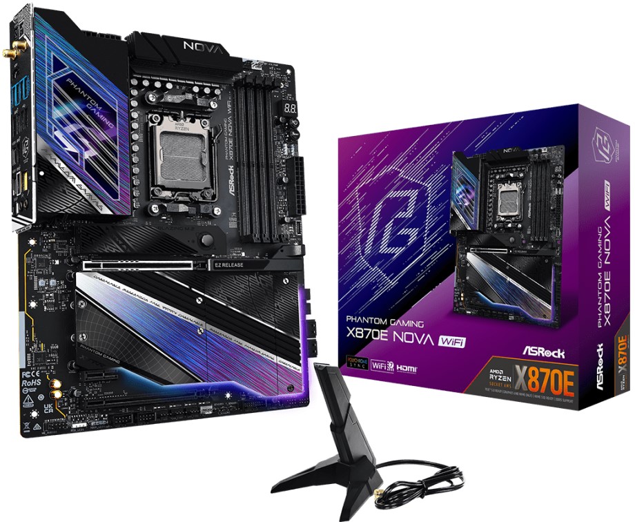 

Материнская плата ATX ASRock X870E NOVA WIFI (AM5, X870E, 4*DDR5 (8200), 4*SATA, 5*M.2, 2*USB 2.0, 8*USB 3.2, 2*USB Type-C, 2*PCIe x16, PCIe x1, HDMI), X870E NOVA WIFI