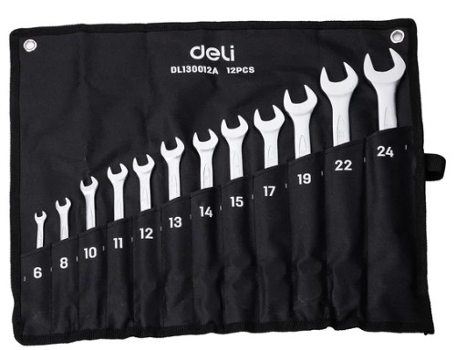 

Набор ключей Deli DL130012A комбинированных гаечных 12 шт размеры 6,8,10,11,12,13,14,15,17,19,22,24мм, матовая хромированная поверхность, чехол из тка, DL130012A