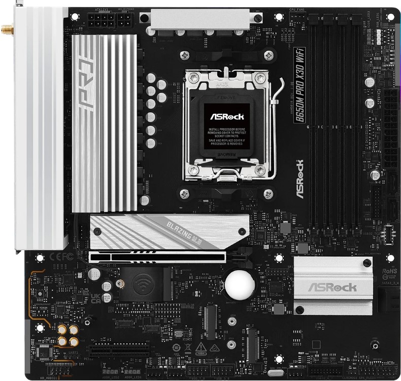 

Материнская плата mATX ASRock B650M PRO X3D WIFI (AM5, AMD B650, 4*DDR5, PCIe, 3*M.2, 4*SATA, WiFi, BT, 4*USB 2.0, 2*USB 3.2, USB Type-C, HDMI, DP), B650M PRO X3D WIFI