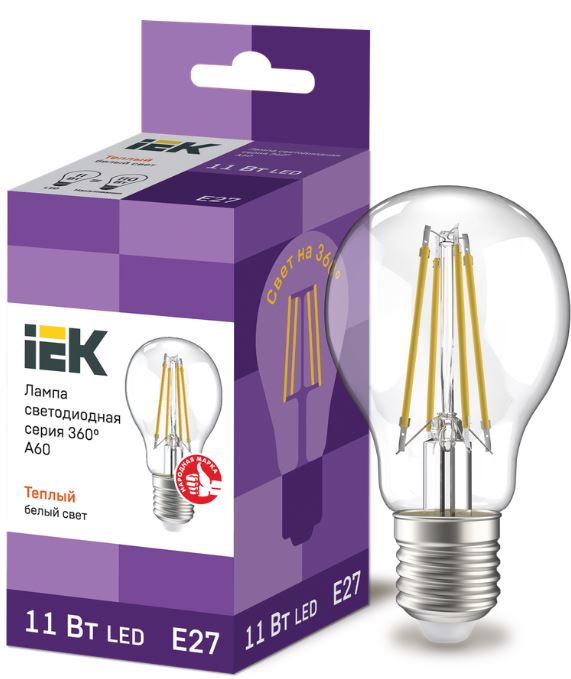 

Лампа светодиодная IEK LLF-A60-11-230-30-E27-CL филаментная A60 груша прозрачная 11Вт 230В 3000К E27 серия 360°, LLF-A60-11-230-30-E27-CL