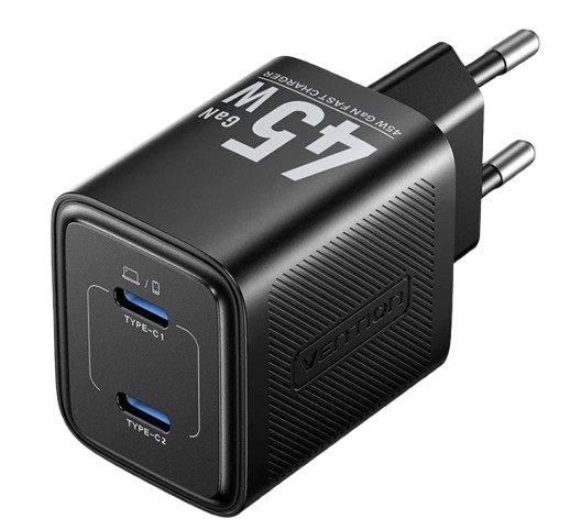 

Зарядное устройство сетевое Vention FEFB0-EU на 2 порт USB С+C GaN 45W Чёрный, FEFB0-EU