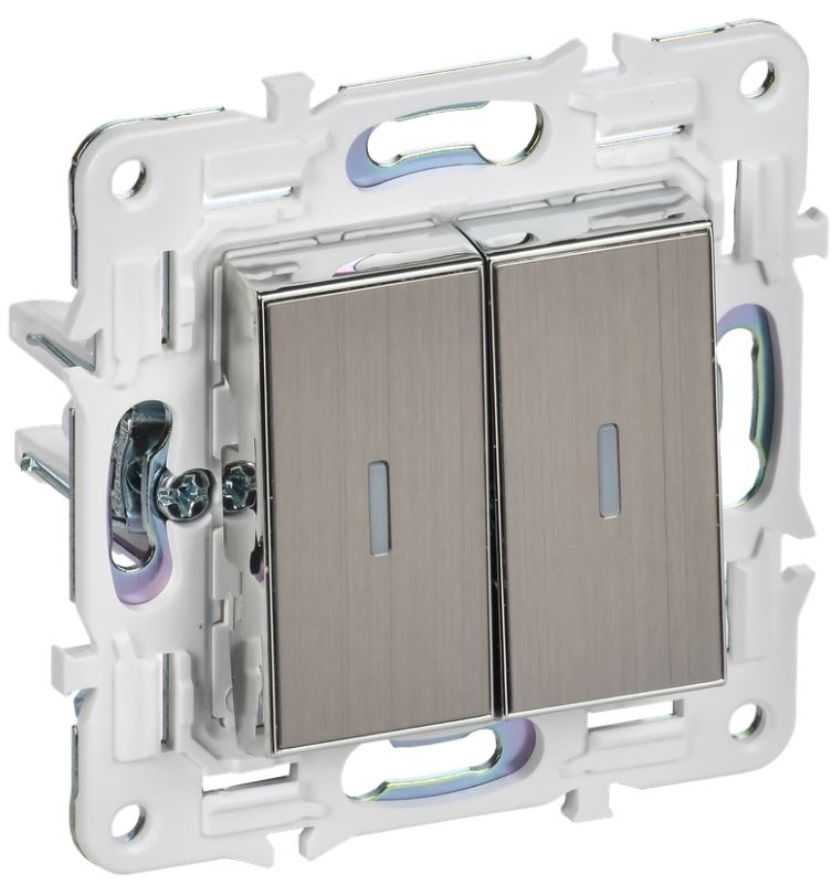 

Переключатель двухклавишный IEK SK-V22-1-10-K50 SKANDY с индикацией 10А SK-V10N металл никель, SK-V22-1-10-K50