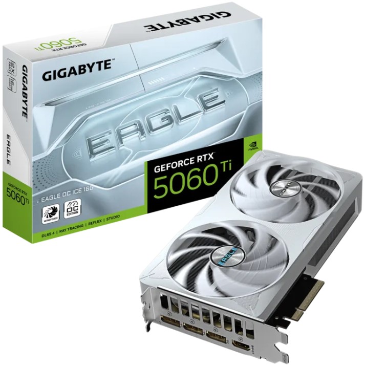 

Видеокарта PCI-E GIGABYTE GeForce RTX 5060 TI EAGLE OC ICE (GV-N506TEAGLEOC ICE-16GD) 16GB GDDR7 128bit 2617/28000MHz HDMI 3*DP, GeForce RTX 5060 EAGLE OC ICE (GV-N506TEAGLEOC ICE-16GD)