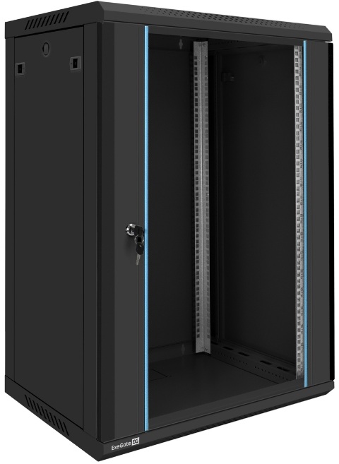 Шкаф настенный 19", 18U Exegate EX300258RUS телекоммуникационный EC-WM-18U.450.G.BLACK (600x450x901mm (ШхГхВ), передняя дверь закаленное стекло, съемн