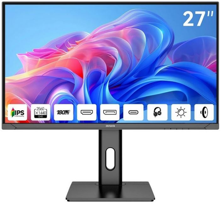 Монитор 27" AIWA MD2714 2560x1440, LED, 16:9, IPS, 350cd/m, 1000:1, 1ms, 178°/178°, HDMI, DP, Type C, 65W, 180Hz, Spk, pivot, black
