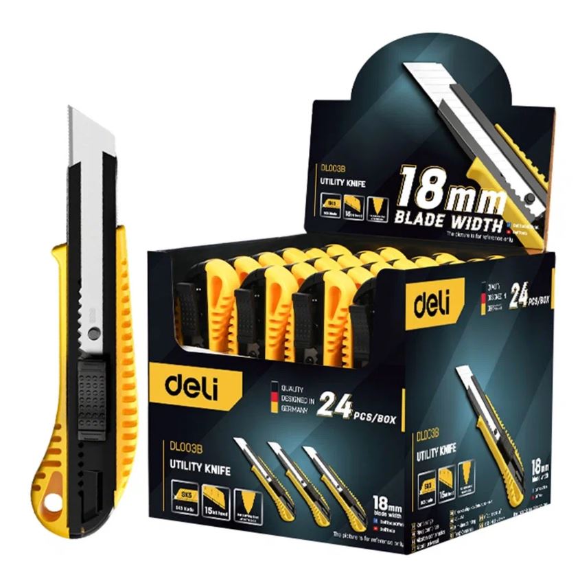 

Нож Deli DL003B (24 шт) технических 18мм, сталь SK5, DL003B