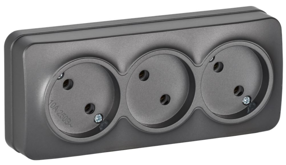 

Розетка без заземления IEK ERH30-K46M-10 GLORY 3-местная для открытой установки без защитных шторок 10А РС23-2-ХСм сталь матовый, ERH30-K46M-10