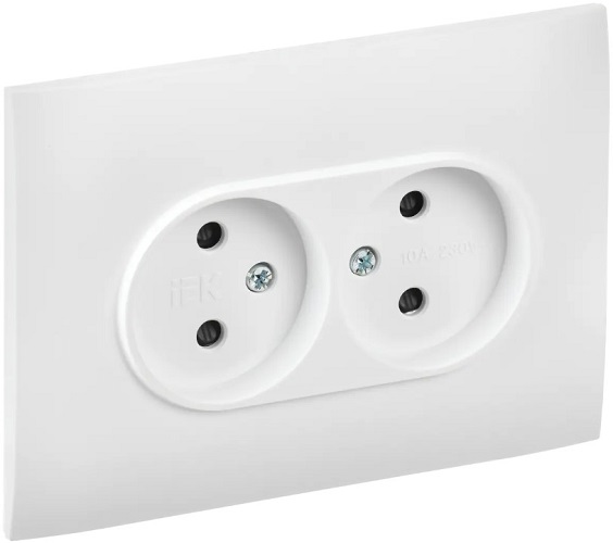 

Розетка двухместная без заземления в сборе IEK SK-R23-10-K01-F SKANDY с защитными шторками 10А SK-R09W арктический белый, SK-R23-10-K01-F