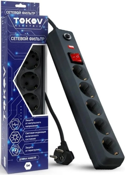 Изображение товара Сетевой фильтр TOKOV ELECTRIC TKE-C06-SF5-5-ZV с 5 розетками и защитой