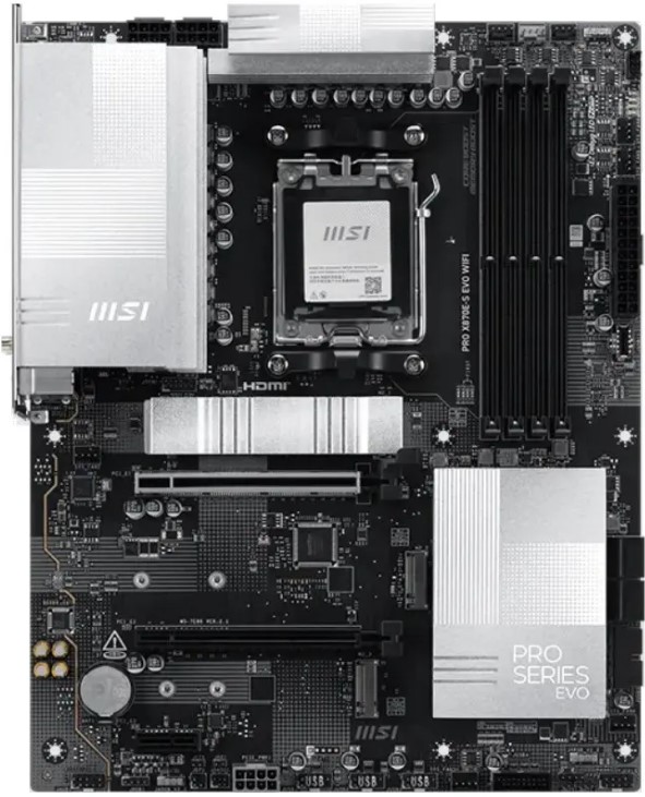 

Материнская плата ATX MSI PRO X870E-S EVO WIFI (AM5, AMD X870E, 4*DDR5, 2*PCIe, 3*M.2, 4*SATA, WiFi, BT, 4*USB 2.0, USB Type-C, USB 4, HDMI), PRO X870E-S EVO WIFI