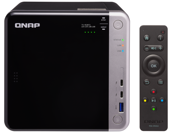 

Сетевой накопитель QNAP TS-453BT3-8G 4 отсека для HDD, Intel Celeron J3455 1,5 ГГц (разгон до 2,3 ГГц), DDR3L объемом 8 ГБ, QM2, Thunderbolt 3 (40 Гби, TS-453BT3-8G