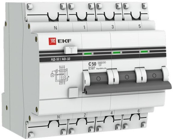 Изображение товара Дифференциальный автомат EKF DA32-50-30-4P-pro 50A 30мА 4,5кА серия PROxima