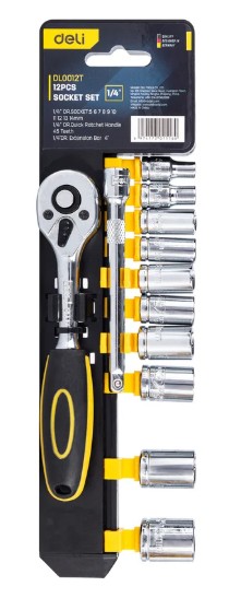 

Набор Deli DL0012T торцевых головок с трещоткой 12 предметов 1/4" (10 торцевых головок (5,6,7,8,9,10,11,12,13,14 мм), удлинитель, трещотка 45 зубьев,, DL0012T
