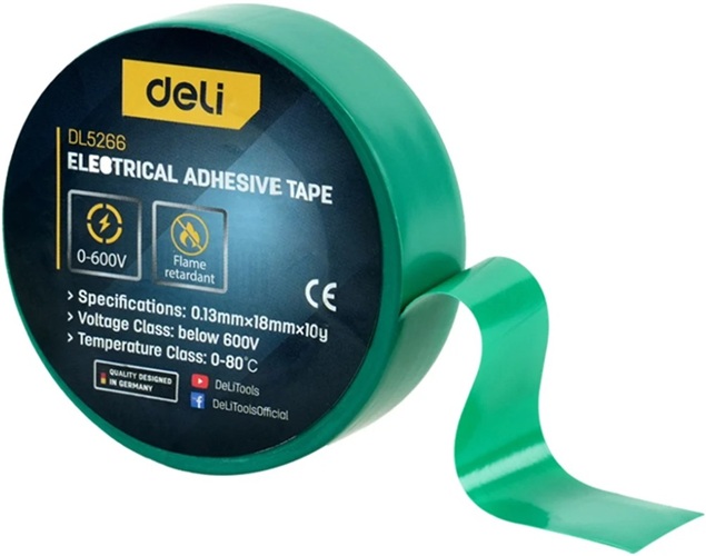 

Изолента Deli DL5266 зеленая, 0,13мм x 18мм x 9,15м, напряжение до 600В, температурный диапазон 0-80 грд., ПВХ, DL5266