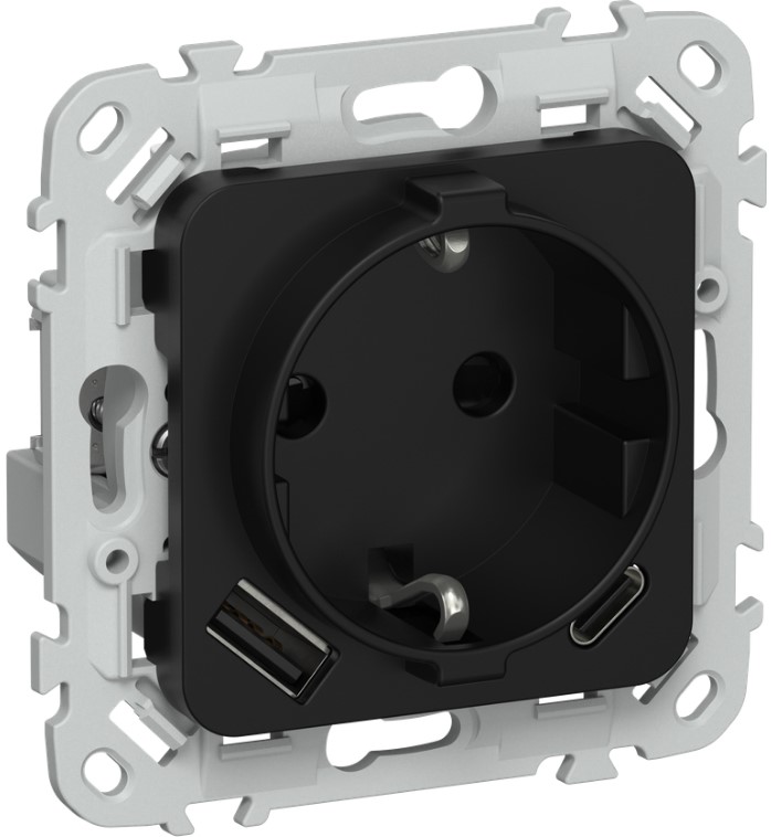 

Розетка с заземлением IEK FI-R14-16-1-U22-020-K02 FLITE с защитными шторками 16А с USB A+C 20Вт безвинтовое крепление РСЮшс11-1-ФлЧ черный, FI-R14-16-1-U22-020-K02