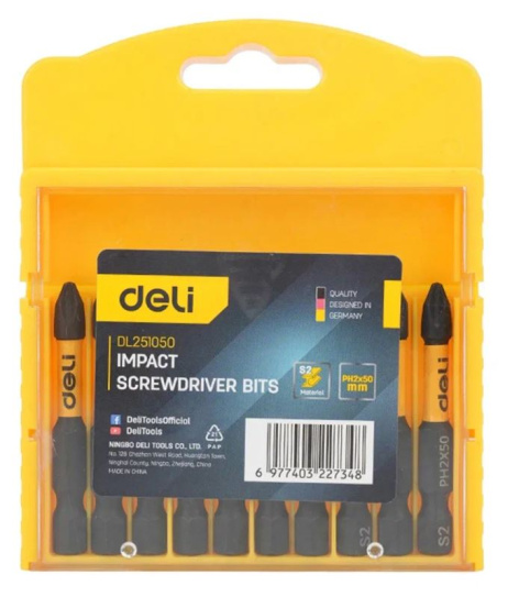 Изображение товара Набор бит Deli DL251050K 10 шт магнитный держатель 1 4 Шлиц Philips
