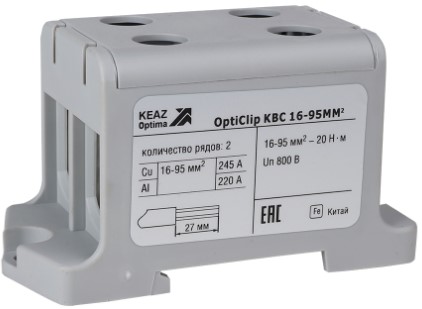 

Клемма вводная КЭАЗ 351046 силовая двойная OptiClip КВС 16-95 серая, 351046