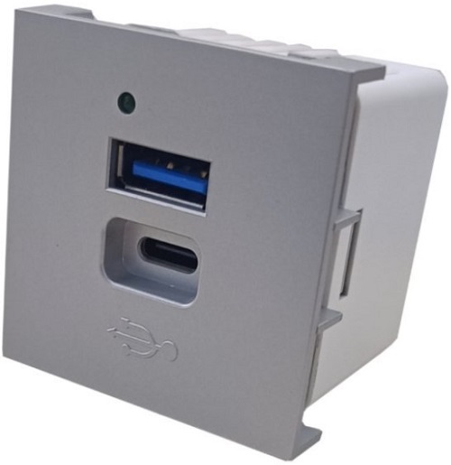 

Розетка Eurolan 16V-50-02SL с двумя разъемами USB Type A, Type C, 45  45 мм, 240 В, 3,0 А, серый, 16V-50-02SL